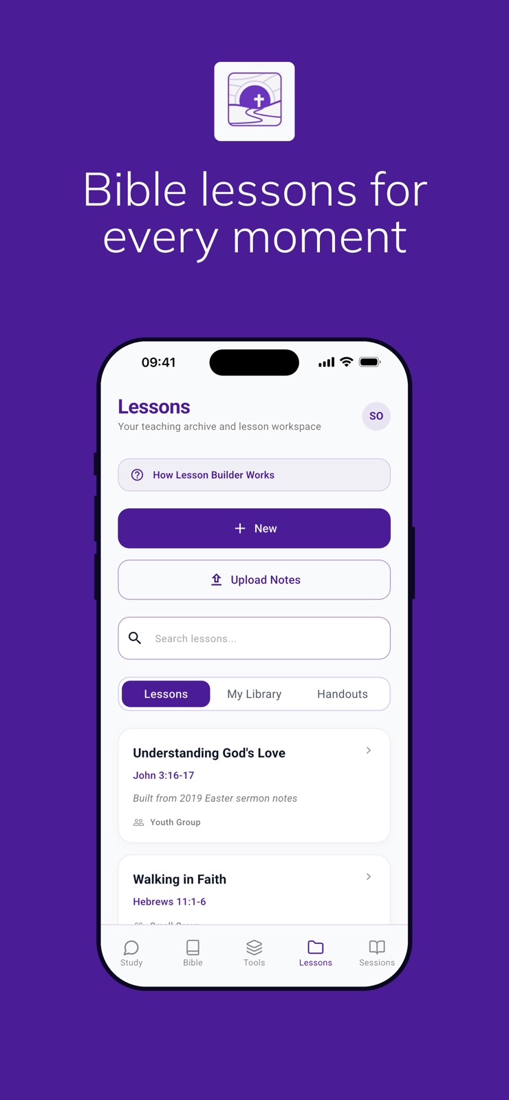 The Lessons screen with options to create a lesson or upload notes