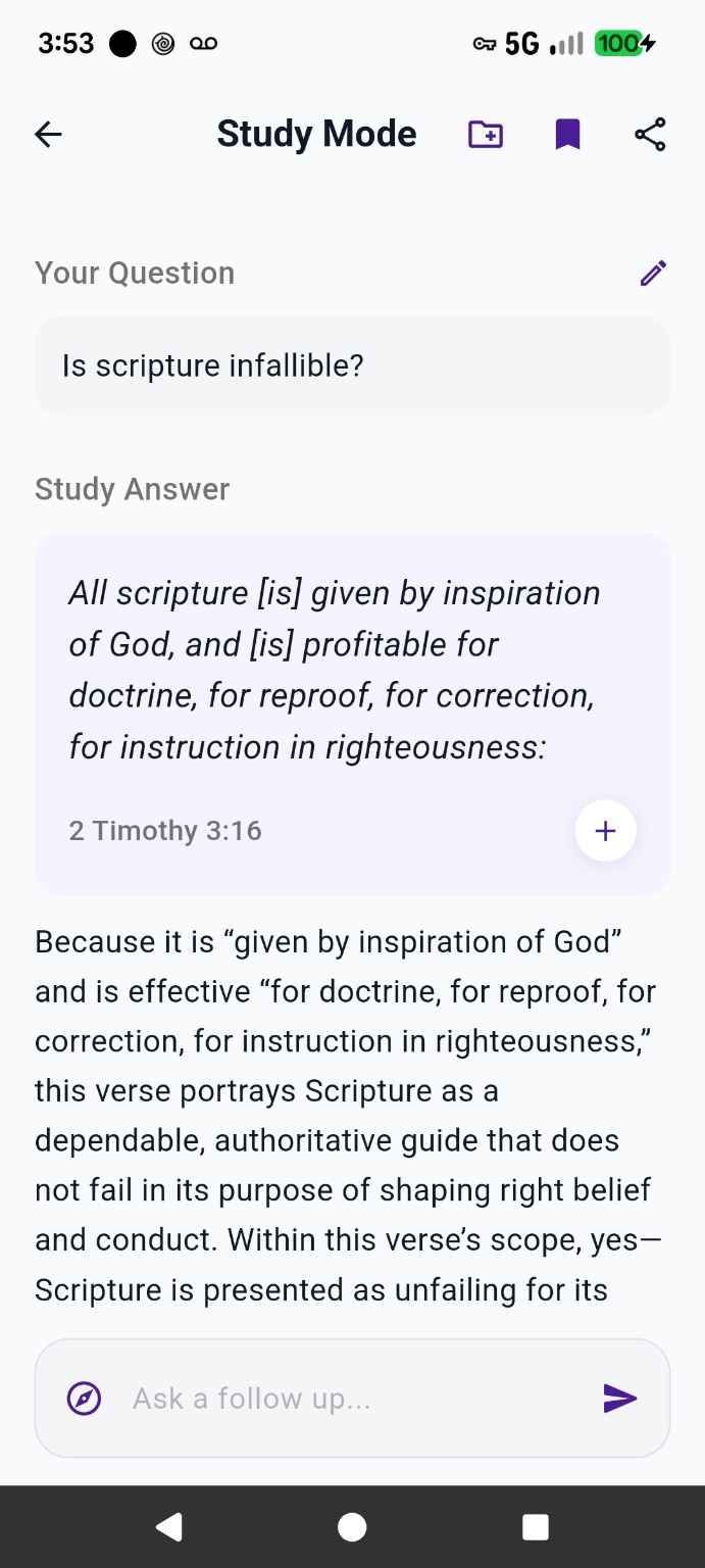Study Mode showing a question about Scripture and a cited answer from 2 Timothy 3:16